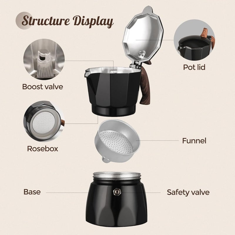 Warmthmaster Moka Pot Aluminium Stovetop Espresso Maker Italian Coffee Maker with Cool Touch Handle (Black, 3 Cup) - Image 2